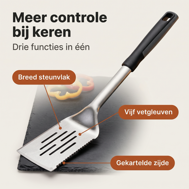 Cheqo® BBQ Spatel RVS Zwart - Barbecuespatel - Grillspatel - Bakspatel - Hamburgerspatel - Vleesspatel - Visspatel - Keerspatel - Bakspaan - Keukenspatel - Pannenkoekspatel - Serveerspatel - Spatel met Gleuven - Spatel voor Vlees en Vis - Benefit Map