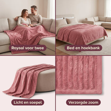 Cheqo® Fleece Deken - Plaid - Fleece Plaid met Ribstof - XXL Deken - 2 Persoons Deken - Lits-Jumeaux Plaid - Woondeken - Knuffeldeken - Bankdeken - Grand Foulard - Bedsprei - Sprei - Roze Plaid - Deken voor Bed en Woonkamer - Fleece Blanket - Benefit Grid