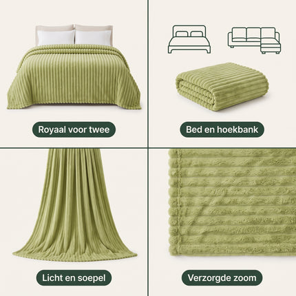 Cheqo® Fleece Deken 2 Persoons - Plaid XL - Lits-Jumeaux Deken - Bedsprei - Grote Fleece Plaid - Deken voor Tweepersoonsbed - Ribstof Plaid - Woondeken - Bankdeken - Knuffeldeken - Grand Foulard - Sprei - Groene Plaid - Fleece Blanket - Benefit Grid