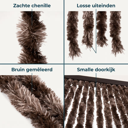 Cheqo® Vliegengordijn 90x210 cm Bruin - Insectengordijn - Deurgordijn - Kattenstaart - Horgordijn - Hordeur - Pluche Strengen - Chenille - Muggengordijn - Vliegenhor - Anti Insecten - voor Deur, Tuindeur, Balkondeur, Caravan en Camper - Detail Split
