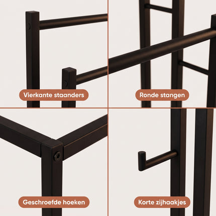Cheqo® Handdoekrek - Handdoekenrek - Handdoekhouder Staand - Vrijstaand Handdoekrek voor Badkamer - Handdoekstang met 3 Stangen - zonder Boren - Handdoekhanger - Handdoekdroogrek - Extra Breed - voor Keuken - Badkameraccessoires - Mat Zwart - Detail Split