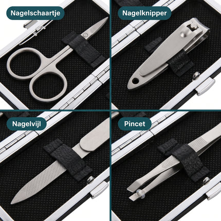 Cheqo® Manicureset 4-Delig in Etui Zwart - Nagelknipper - Pincet - Nagelvijl - Nagelschaar - Nagelset - Nagelverzorging - Pedicureset - Manicure Reisset - voor Dames en Heren - Cadeauset - Nageletui - Handverzorging - Detail Split