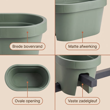 Cheqo® Balkonbak Saliegroen - Bloembak - Plantenbak voor Reling - Bloempot - Plantenpot - Hangende Plantenbak voor Balkonleuning - Ovale Balkonbak voor Buiten - Bloembak voor Balkon en Schutting - Groene Plantenbak voor Tuin en Terras - Detail Split