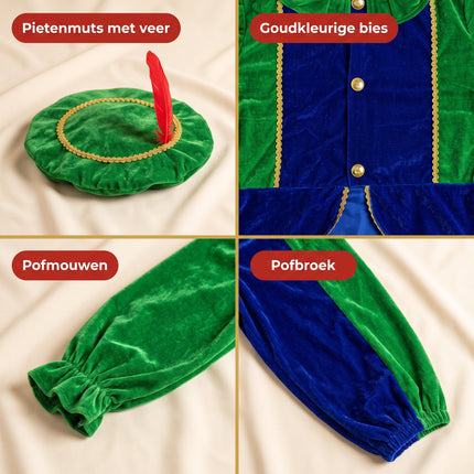 Cheqo® Pietenpak Kind 110-116 - Groen Blauw - Sinterklaas Verkleedkleding - Pieten Kostuum voor Kinderen - Pietenpak voor Jongens en Meisjes - Verkleden als Piet - Jasje en Pofbroek met Pietenmuts - Pakjesavond en Intocht - ca. 5-6 Jaar - Detail Split