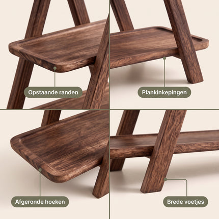 Cheqo® Etagere 3 Laags - Hout - Serveertoren - Serveerschaal - Serveerplank - Hapjesschaal - Fruitschaal - Serveerplateau - High Tea - Borrelplank - Tapasplank - Taartstandaard - Cupcake Standaard - Inklapbaar - Dienblad - Kaasplank - Detail Split