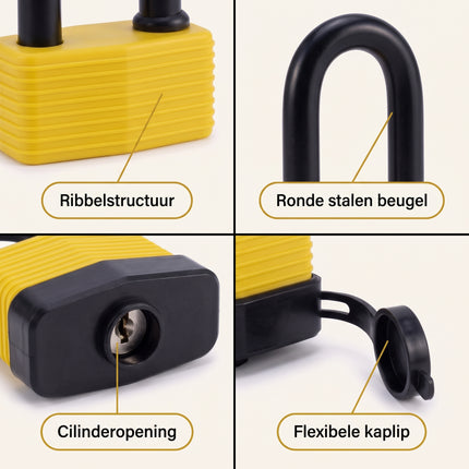 Cheqo® Hangslot met Sleutel - Weerbestendig Hangslot - Waterdicht Veiligheidsslot - Beugelslot met Lange Beugel - Hangsloten voor Buiten - Slot voor Schuur - Tuinpoort - Hek - Kluisje en Gereedschapskist - Zwart/Geel - Padlock - Hangslotje - Detail Split