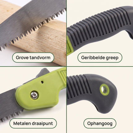Cheqo® Takkenzaag Opvouwbaar - Snoeizaag Inklapbaar - Vouwzaag - Klapzaag - Handzaag - Boomzaag - Houtzaag - Tuinzaag - Zakzaag - Tuingereedschap voor Snoeien - voor Takken en Struiken - voor de Tuin - Kampeerzaag - Survival Zaag - Zaag - Detail Split