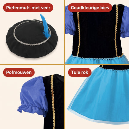 Cheqo® Pietenjurk Kind 98-104 - Paars Blauw - Sinterklaas Verkleedkleding - Pieten Kostuum voor Kinderen - Pietenpak voor Meisjes - Verkleden als Piet - Jurk met Pofmouwen en Pietenmuts - Pakjesavond en Intocht - ca. 3-4 Jaar - Detail Split