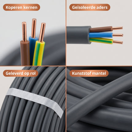 Cheqo® Buitenkabel 3 X 2.5 mm² 10 m - XMVK Kabel - Installatiekabel voor Binnen en Buiten - Elektrakabel voor Bovengronds Gebruik - Kabel voor Tuinverlichting en Buitenlamp of Buitenstopcontact - Tuinkabel - Grijs - Stroomkabel - Detail Split