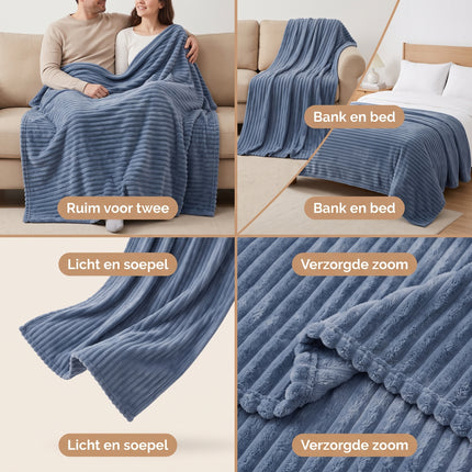 Cheqo® Fleece Deken - Plaid - Fleece Plaid met Ribstof - Woondeken - Knuffeldeken - Bankdeken - Plaid voor Bank - Grand Foulard - Sprei - Heerlijk Zacht en Warm - Petrol Plaid - Petrolblauwe Deken voor Bed en voor Woonkamer - Fleece Blanket - Benefit Grid