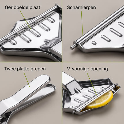 Cheqo® Citroenknijper - Citroenpersje - Citroenschijfpers - Citroenpers voor op Tafel - Citruspers voor Citroenpartjes - Lemon Squeezer - Limoenknijper - Bar Accessoires - voor Thee, Vis en Cocktails - Detail Split