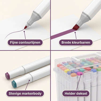 Cheqo® Twinmarkers 120 Stuks - Dual Tip Markers - Dubbelzijdige Stiften met Fijne en Brede Punt - Markeerstiften - Tekenstiften voor Volwassenen en Kinderen - Kleurstiften - Viltstiften - 120 Kleuren in Opbergdoos - Hand Lettering en Schetsen - Detail Split