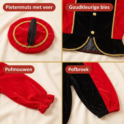Cheqo® Pietenpak Kind 98-104 - Zwart Rood - Sinterklaas Verkleedkleding - Pieten Kostuum voor Kinderen - Pietenpak voor Jongens en Meisjes - Verkleden als Piet - Jasje en Pofbroek met Pietenmuts - Pakjesavond en Intocht - ca. 3-4 Jaar - Detail Split