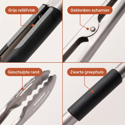Cheqo® BBQ Tang RVS Zwart - Barbecuetang - Grilltang - Vleestang - Serveertang - Keukentang - Barbecue Accessoires - Kooktang - Saladetang - Worsttang - Voedseltang - Buffettang - BBQ Gereedschap - Grillaccessoires - Tang voor Vlees en Groenten - Detail Split