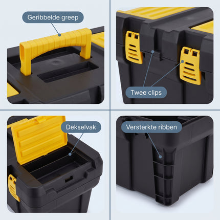 Cheqo® Gereedschapskoffer Leeg - Gereedschapskist - Gereedschapsbox met Uitneembare Tray - Opbergkoffer - Opbergkist - Werkkoffer met Vakken - Organizer voor Gereedschap en Klussen - Gereedschapskoffer zonder Gereedschap - Toolbox - Zwart Geel - Detail Split