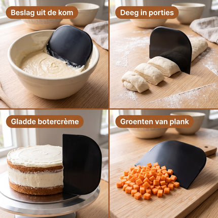 Cheqo® Deegschraper Zwart - Deegkrabber - Deegsnijder - Deegsteker - Deegspatel - Taart Schraper - Fondant Schraper - Keukenschraper - Bakgereedschap - Kom Schraper - Deegkaart - voor Brood en Pizza - Zuurdesem Accessoires - Dough Scraper - Detail Split