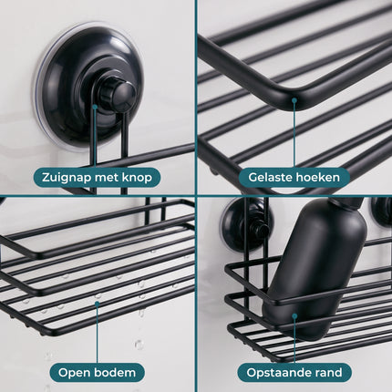 Cheqo® Badkamerrek 2 Laags - Doucherek - Doucherekje - Zonder Boren - met Zuignap - Zelfklevend - Hangend - Opbergrek - Badrek - Douchemandje - Wandrek - Badkamer Organizer - voor Shampoo - voor Douche - Keukenrek - Zwart - Detail Split