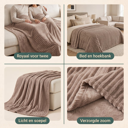Cheqo® Fleece Deken - Plaid - Fleece Plaid met Ribstof - 2 Persoons Deken - Lits-Jumeaux Plaid - XL Deken - Bedsprei - Woondeken - Knuffeldeken - Bankdeken - Plaid voor Bank - Grand Foulard - Sprei - Taupe Plaid - Deken voor Bed - Fleece Blanket - Benefit Grid