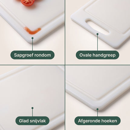 Cheqo® Snijplank - Kunststof Snijplank Wit met Handvat en Lekrand - Sapgroef - Plastic Snijplank - Keukenplank - Snijplank voor Vlees - Groente - Fruit en Vis - Broodplank - Serveerplank - Borrelplank - Tapasplank - Kaasplank - Grote Snijplank - Detail Split