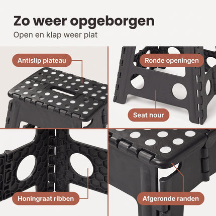 Cheqo® Opvouwbaar Krukje - Inklapbaar Krukje - Opstapkruk - Opstapje - Vouwkruk - Keukentrapje - Campingkruk voor Caravan en Camper - Badkamerkruk - Huishoudkrukje - Zwart - Antislip Kunststof Kruk met Handgreep - Opstapkrukje - Trapkrukje - Detail Split