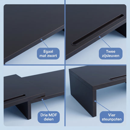 Cheqo® Monitor Standaard - Monitorstandaard - Monitor Verhoger - Beeldschermverhoger voor 2 Schermen - Verstelbaar en Uitschuifbaar - Bureau Organizer - Laptop Standaard - Bureauverhoger - Ergonomisch - Telefoonhouder - Kabelmanagement - Zwart - Detail Split