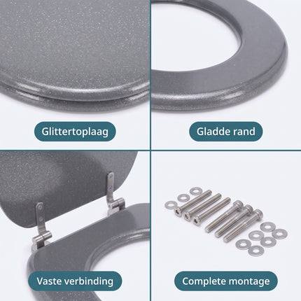Cheqo® Toiletbril - WC Bril - Toiletzitting - Closetbril - Toiletdeksel - Glitter Toiletbril - Zilveren WC Bril - Grijze WC Bril - Toiletbril MDF - Houten Toiletbril - Universele Toiletbril - Ovale Toiletbril met Deksel - RVS Scharnieren - Detail Split
