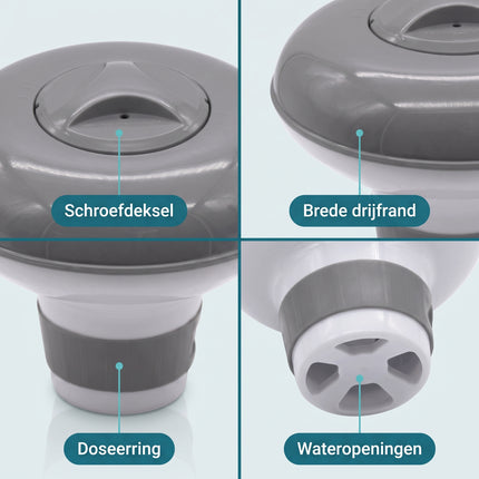 Cheqo® Chloordrijver - Chloordispenser - Chloor Dispenser - Chloordrijver Klein voor Zwembad - Jacuzzi en Spa - Chloortabletten Houder - Chloorverdeler - Zwembad Dobber - Drijvende Chloordobber - Chlorinator voor Bubbelbad - Verstelbaar - Detail Split