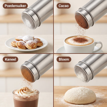 Cheqo® Poedersuikerstrooier - Cacaostrooier - Strooibus - Bloemsuiker Strooier - Poederstrooier met Zeef - Suikerstrooier - Kaneelstrooier - Kruidenstrooier - Bloemstrooier - Stofsuikerstrooier - Strooier voor Oliebollen en Cappuccino - Detail Split