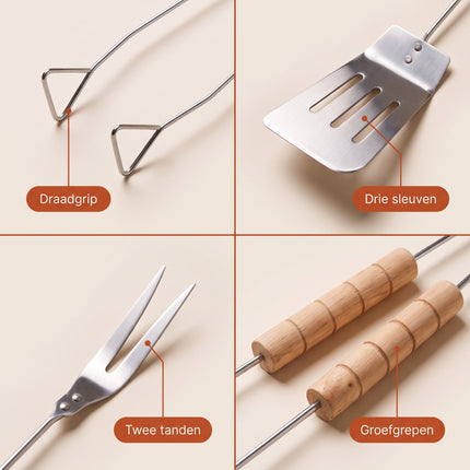 Cheqo® BBQ Gereedschapset 3-Delig - Barbecue Gereedschap met Houten Handvat - Barbecue Set - BBQ Bestek - Grillbestek - Barbecuetang - Grillspatel - Vleesvork - Barbecue Accessoires - Grill Set voor Buiten - Barbecuegerei - BBQ - Detail Split