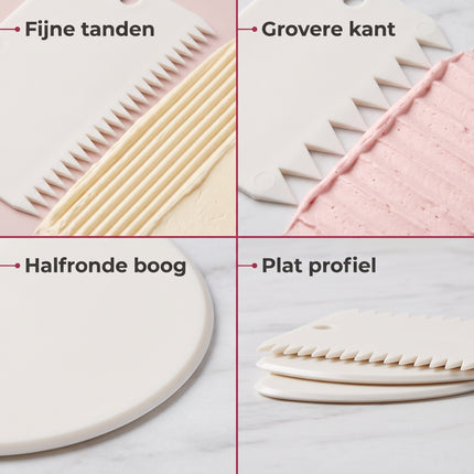 Cheqo® Deegschraper Set van 3 - Taartschraper voor Fondant en Glazuur - Deegkrabber - Deegsnijder - Spatel voor Taart en Cake - Taartkam voor Botercrème - Deegkaart - Cake Decoratieset - Garneergerei - Bakspullen - Wit - Detail Split