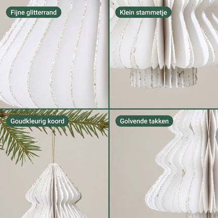Cheqo® Papieren Kerstboom - Kersthanger met Glitter - Honeycomb Kerstdecoratie - Kerstornament - Kerstboomversiering - Witte Kerstversiering voor Binnen - Hangdecoratie met Ophangkoord - Detail Split
