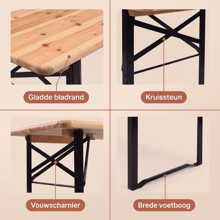 Cheqo® Biertafelset 3-Delig - Picknickset - Picknicktafel met Banken - Biertafel met 2 Banken - Bierbank Set - Campingtafel met Banken - Campingset - Klaptafel met Banken - Inklapbaar - Opvouwbaar - Houten Tuintafel - Tuinset - Vouwtafel - Detail Split