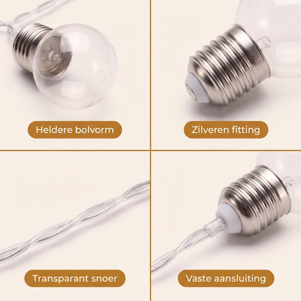 Cheqo® LED Lichtsnoer met 30 Lampjes Warm Wit - Feestverlichting - Lichtslinger - Sfeerverlichting - Party Lights - Batterijverlichting - LED Bolletjes - Tuinverlichting - Terrasverlichting - Tuinfeest - Kerstverlichting voor Binnen en Buiten - Detail Split