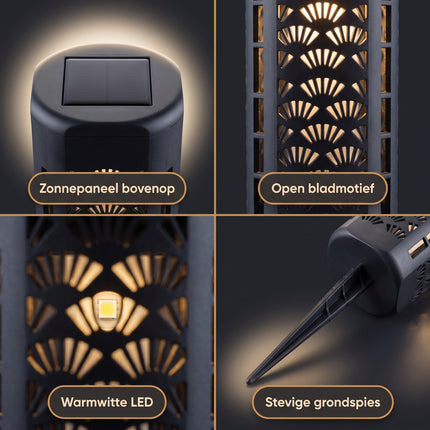 Cheqo® Solar Tuinverlichting - Tuinlampen Set van 4 - Tuinverlichting op Zonne-energie - Sfeerverlichting voor Buiten met Schaduweffect - Padverlichting - Prikspots met Grondspies - Buitenverlichting - Tuinlantaarn - Warm Wit LED Licht - Detail Split