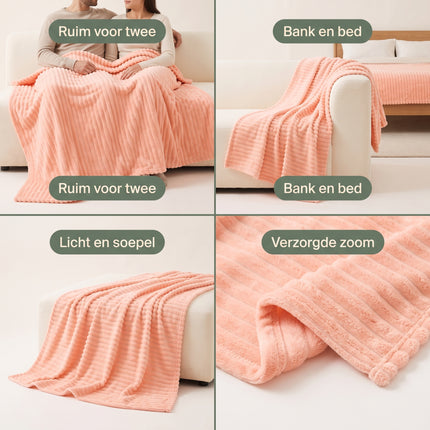 Cheqo® Fleece Deken - Plaid - Fleece Plaid met Ribstof - Woondeken - Knuffeldeken - Bankdeken - Plaid voor Bank - Grand Foulard - Sprei - Heerlijk Zacht en Warm - Oranje Plaid - Deken voor Bed en voor Woonkamer - Fleece Blanket - Benefit Grid