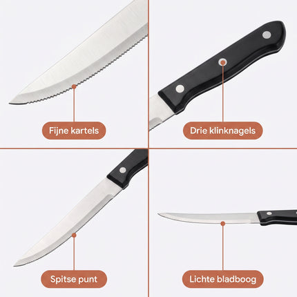 Cheqo® Steakmessen Set van 4 - Steakmes - Messenset met Gekarteld Lemmet - Kartelmessen - Tafelmessen - Vleesmessen - Vleesmes - BBQ Messen - Barbecue Messen - Steakmessenset - Scherpe Messen - Vaatwasserbestendig - Pizzames - Roestvrij Staal - Detail Split