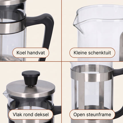 Cheqo® Cafetière - French Press - Koffiemaker - Koffiezetapparaat - Koffiepers - Koffiezetter - Coffee Maker - Glazen Kan met Filter - voor 8 Kopjes - RVS Houder - voor Verse Koffie - Handmatige Koffiezet met Zeef - Koffie Press voor Thuis - Detail Split