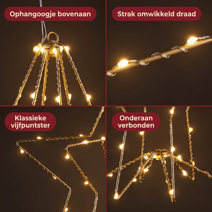 Cheqo® LED Kerstster met Kerstlampjes - Gouden Kerstster met Verlichting - Verlichte 3D Ster Hangend op Batterijen - Kerstverlichting voor Binnen - Kerstdecoratie - Sfeerverlichting - Raamdecoratie - Warm Wit Licht - Kerstfiguur - Detail Split