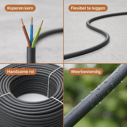Cheqo® Buitenkabel 3 X 2.5 mm² 25 m - XMVK Kabel - Installatiekabel - Stroomkabel voor Buiten - Tuinkabel - Elektriciteitskabel - Elektrakabel - Bovengrondse Kabel voor Tuin en Terras - Tuinverlichting en Buitenstopcontact - Grijs - Detail Split