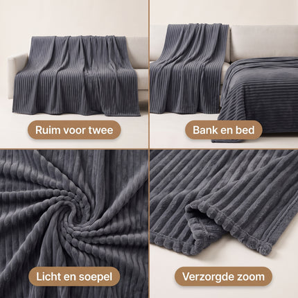 Cheqo® Fleece Deken - Plaid - Fleece Plaid met Ribstof - Woondeken - Knuffeldeken - Bankdeken - Plaid voor Bank - Grand Foulard - Sprei - Heerlijk Zacht en Warm - Antraciet Plaid - Grijze Plaid - Deken voor Bed en voor Woonkamer - Fleece Blanket - Benefit Grid