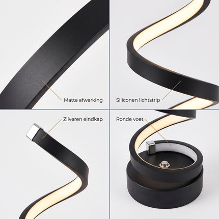 Cheqo® LED Tafellamp - Spiraal Tafellamp - Modern Spiraal Design - Dimbaar - Touch Bediening - Bureaulamp - Sfeerlamp - Nachtlamp - Bedlampje voor Slaapkamer en Woonkamer - Decoratieve Verlichting voor Nachtkastje - Zwart - USB - Detail Split