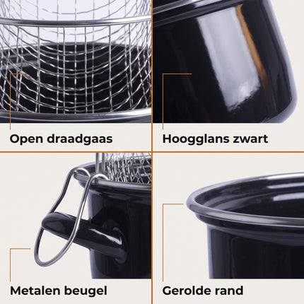 Cheqo® Frituurpan Emaille met Mandje - Friteuse met Inzet en Deksel - Frietpan - Oliebollenpan - Oliepan - Frituurmand - Geschikt voor Inductie en Gasfornuis - Frituren op het Fornuis - voor Friet en Snacks - voor Oud en Nieuw - Zwart - Detail Split