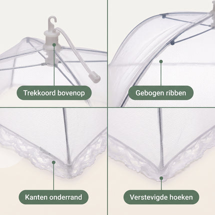 Cheqo® Vliegenkap - Voedselkap - Foodcover - Opvouwbaar en Uitklapbaar - Vliegennet - Insectennet - Eten Afdekken - Voedselafdekking - Etensbescherming tegen Insecten - voor Buiten - Picknick - BBQ - Barbecue en Tuin - Vliegenkapje - Wit - Detail Split