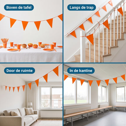 Cheqo® Vlaggenlijn Oranje - Vlaggetjes Slinger - Puntvlaggetjes - Vlaggenslinger - Oranje Vlaggen - Feestslinger - Oranje Versiering voor Koningsdag - Feestartikelen voor EK en WK Voetbal - Feestversiering voor Verjaardag en Themafeest - Detail Split - let op: trappaneel toont twee vlaggenstrengen (HARD_RISICO)