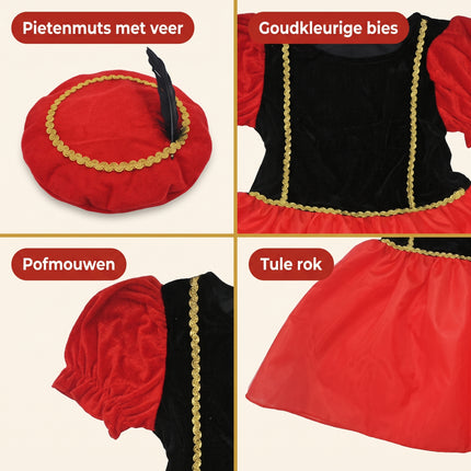 Cheqo® Pietenjurk Kind 110-116 - Zwart Rood - Sinterklaas Verkleedkleding - Pieten Kostuum voor Kinderen - Pietenpak voor Meisjes - Verkleden als Piet - Jurk met Pofmouwen en Pietenmuts - Pakjesavond en Intocht - ca. 5-6 Jaar - Detail Split