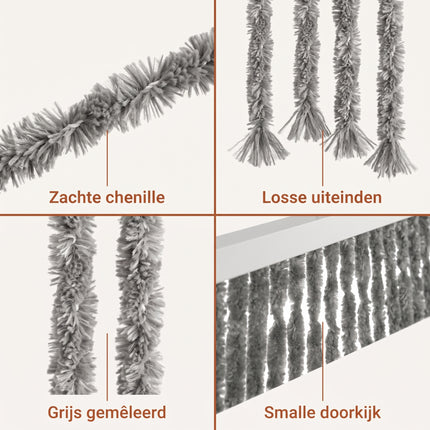 Cheqo® Vliegengordijn 90x210 cm Grijs Gemêleerd - Insectengordijn - Deurgordijn - Kattenstaart - Horgordijn - Hordeur - Pluche Strengen - Chenille - Muggengordijn - Vliegenhor - Anti Insecten - voor Deur, Tuindeur, Balkondeur, Caravan en Camper - Detail Split