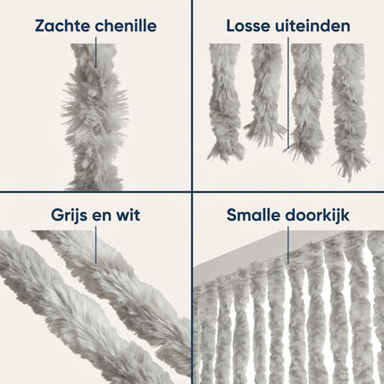 Cheqo® Vliegengordijn 90x230 cm Grijs/Wit - Insectengordijn - Deurgordijn - Kattenstaart - Horgordijn - Hordeur - Pluche Strengen - Chenille - Gemêleerd - Muggengordijn - Vliegenhor - Anti Insecten - voor Deur, Tuindeur, Caravan en Camper - Detail Split