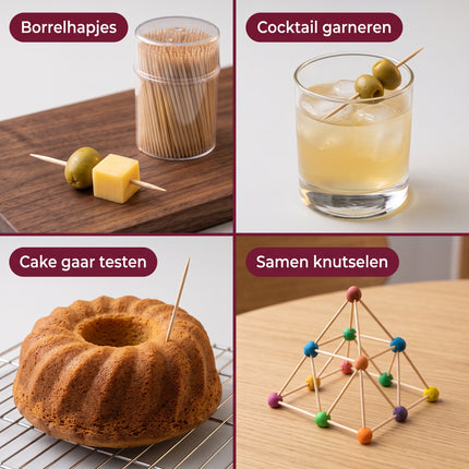 Cheqo® Cocktailprikkers 500 Stuks - Houten Tandenstokers - Dubbelzijdig - Tandenstokers in Koker met Deksel - Hapjesprikkers - Tapas Prikkers - Borrelprikkers - Cocktailprikkers voor Kerst en Nieuwjaarsborrel - Toothpicks - Detail Split