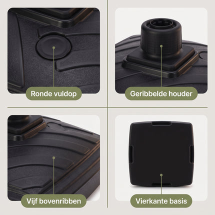 Cheqo® Parasolvoet - Parasolstandaard Vulbaar met Water of Zand - Vierkant - Kunststof - voor Stokparasol - voor Tuin - voor Terras - voor Balkon - Parasol Voet - Parasolhouder - met Draaiknop - met Handgrepen - Parasolstander - Detail Split