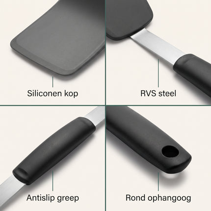 Cheqo® Siliconen Spatel Grijs/Zwart - Bakspatel - Pannenspatel - Keukenspatel - Kookspatel - Visspatel - Pannenkoekenspatel - Bakspaan - Flexibele Spatel - Hittebestendig - Vaatwasserbestendig - voor Anti-aanbakpannen - Keukengerei - Spatula - Detail Split